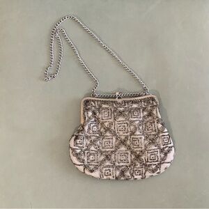 Vintage Oyster Cream Satin Beaded Evening Bag